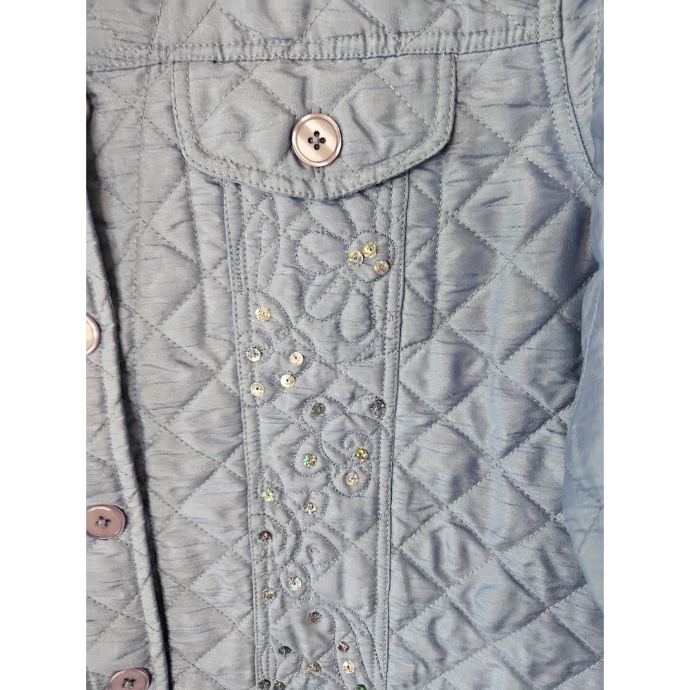 Quacker Factory Jacket Women L Blue Quilted Sequin Floral Embroidered Coastal - Picture 4 of 14